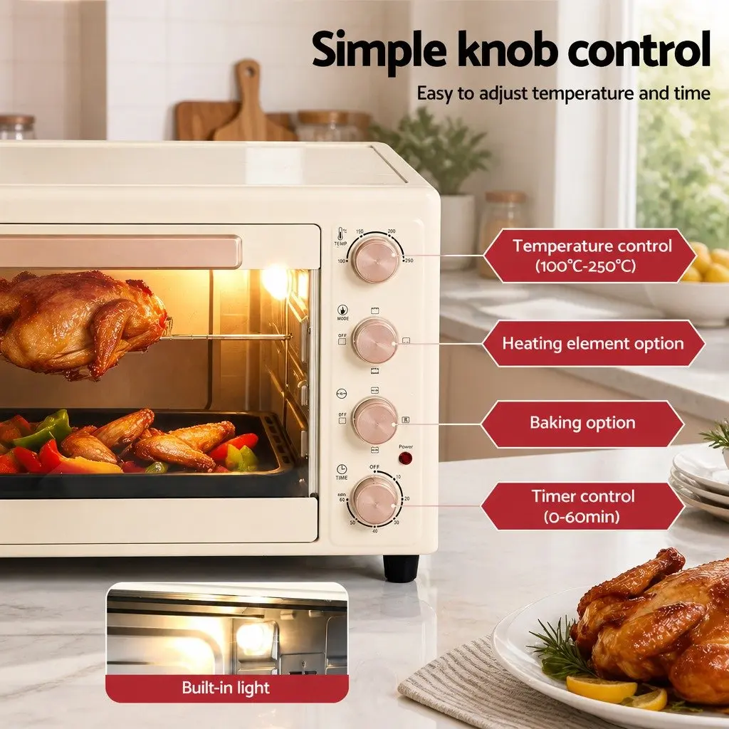 60L Convection Oven Electric Stainless Steel Portable Cream and Gold Countertop Rotisserie Bake Grill Roast