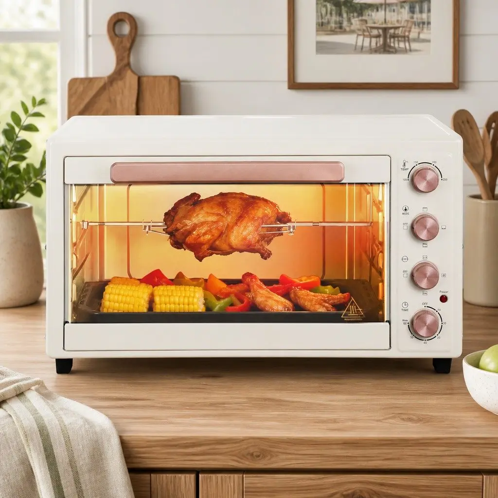 60L Convection Oven Electric Stainless Steel Portable Cream and Gold Countertop Rotisserie Bake Grill Roast