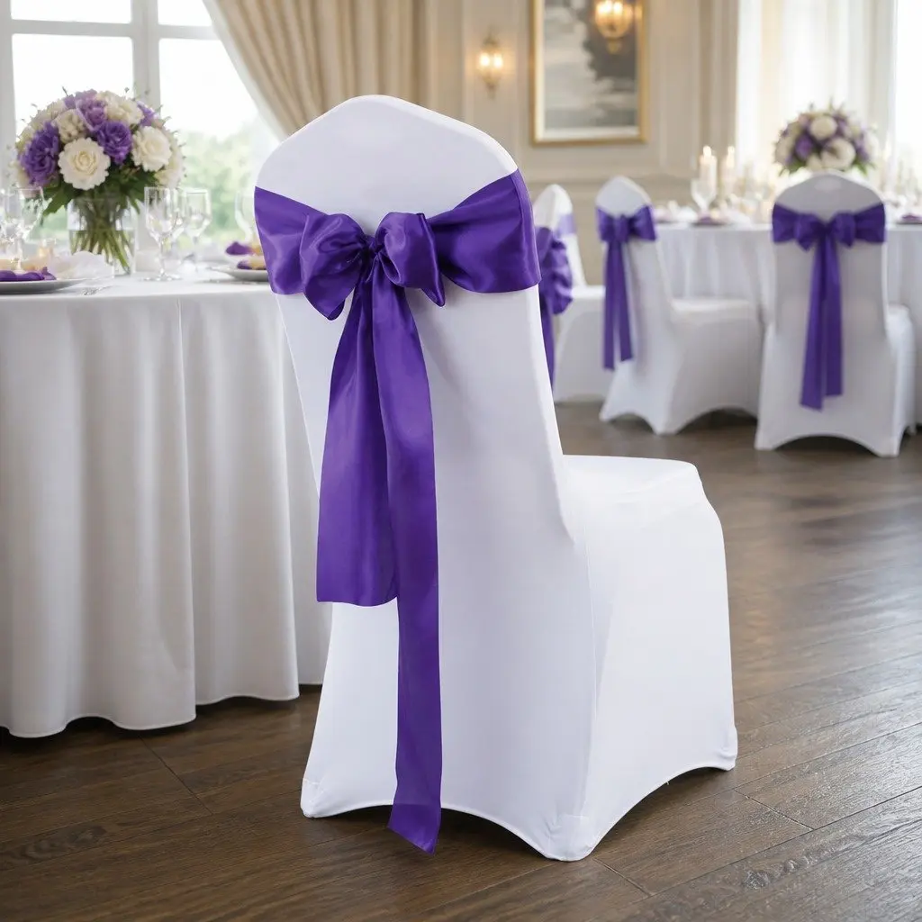 Satin Chair Sashes Table Runners Eggplant Purple 278x18cm Stain Resistant Machine Washable 50 Pieces