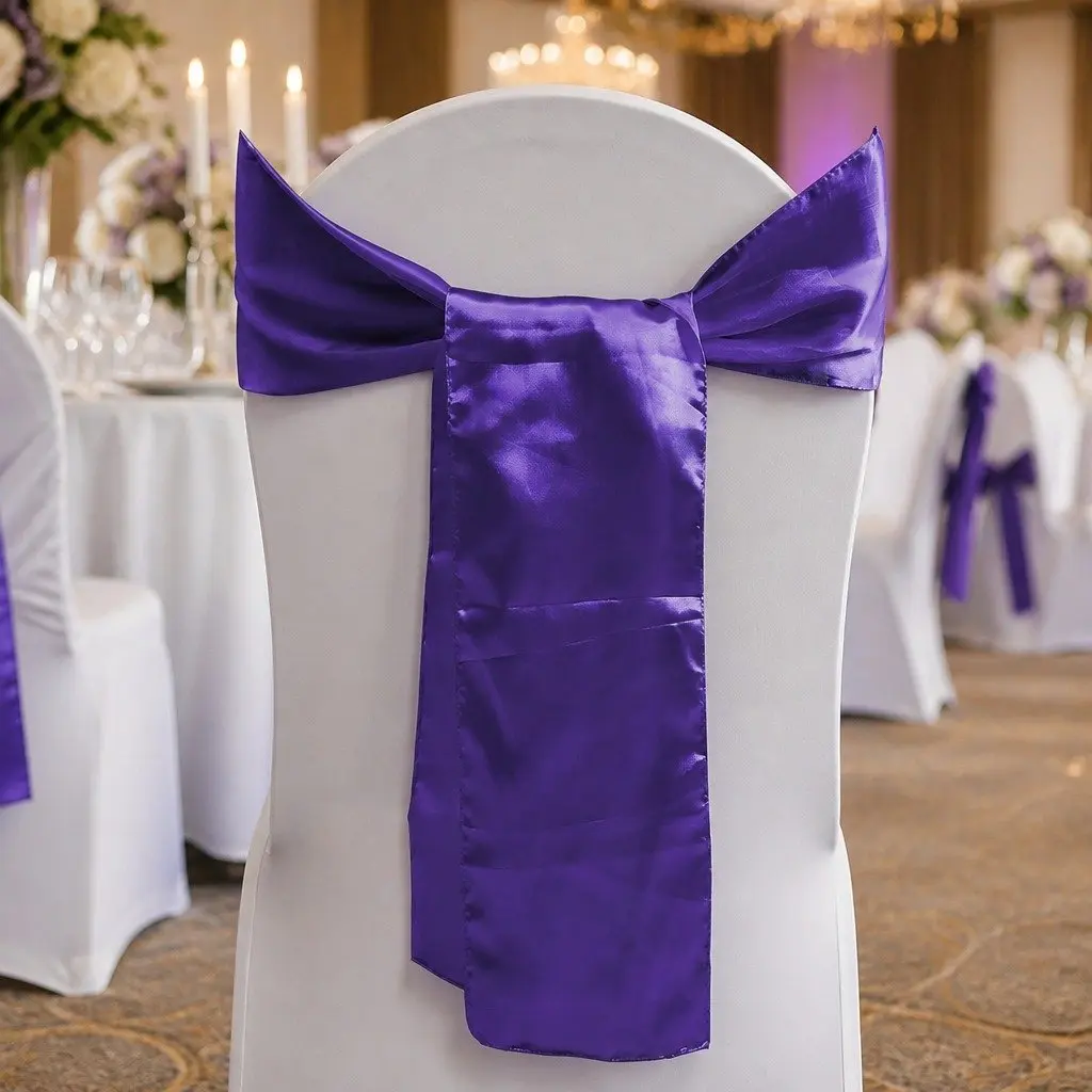 Satin Chair Sashes Table Runners Eggplant Purple 278x18cm Stain Resistant Machine Washable 50 Pieces