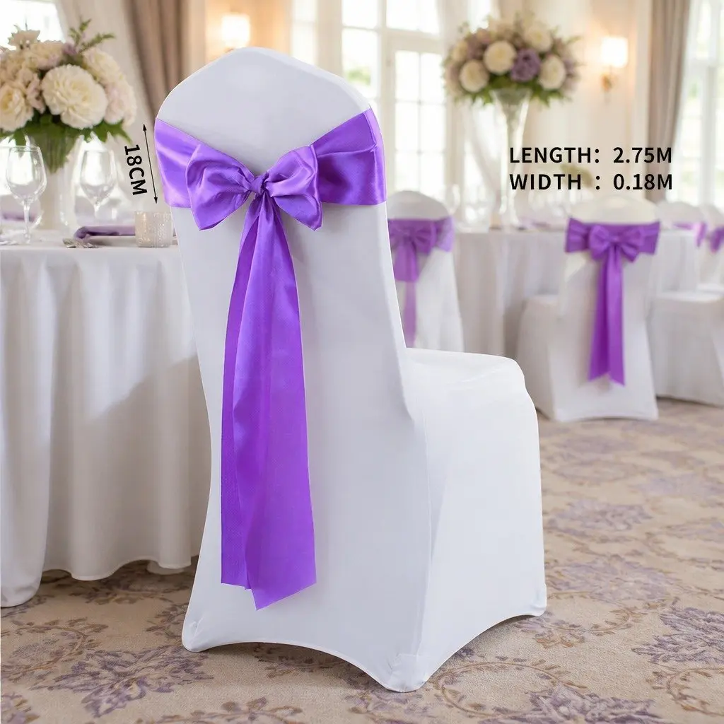 Satin Chair Sashes Lavender 278x18cm Reusable Stain Resistant 50 Pieces for Weddings Events Parties