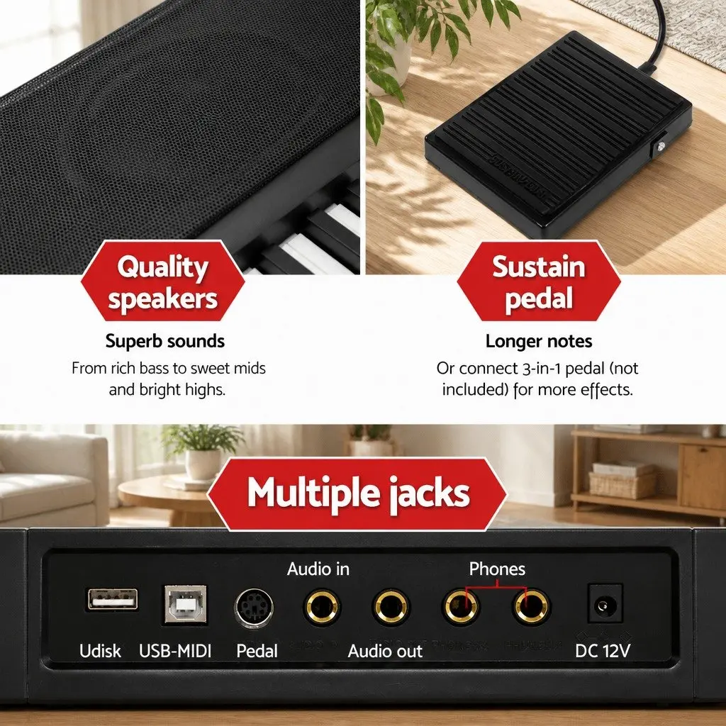 88 Key Digital Electronic Keyboard Touch Sensitive Black with Adjustable Stand Sustain Pedal