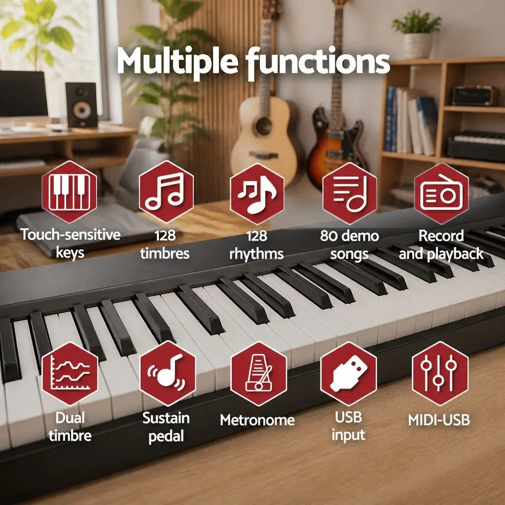 88 Key Foldable Electronic Piano Keyboard Digital Music MIDI USB Bluetooth Black