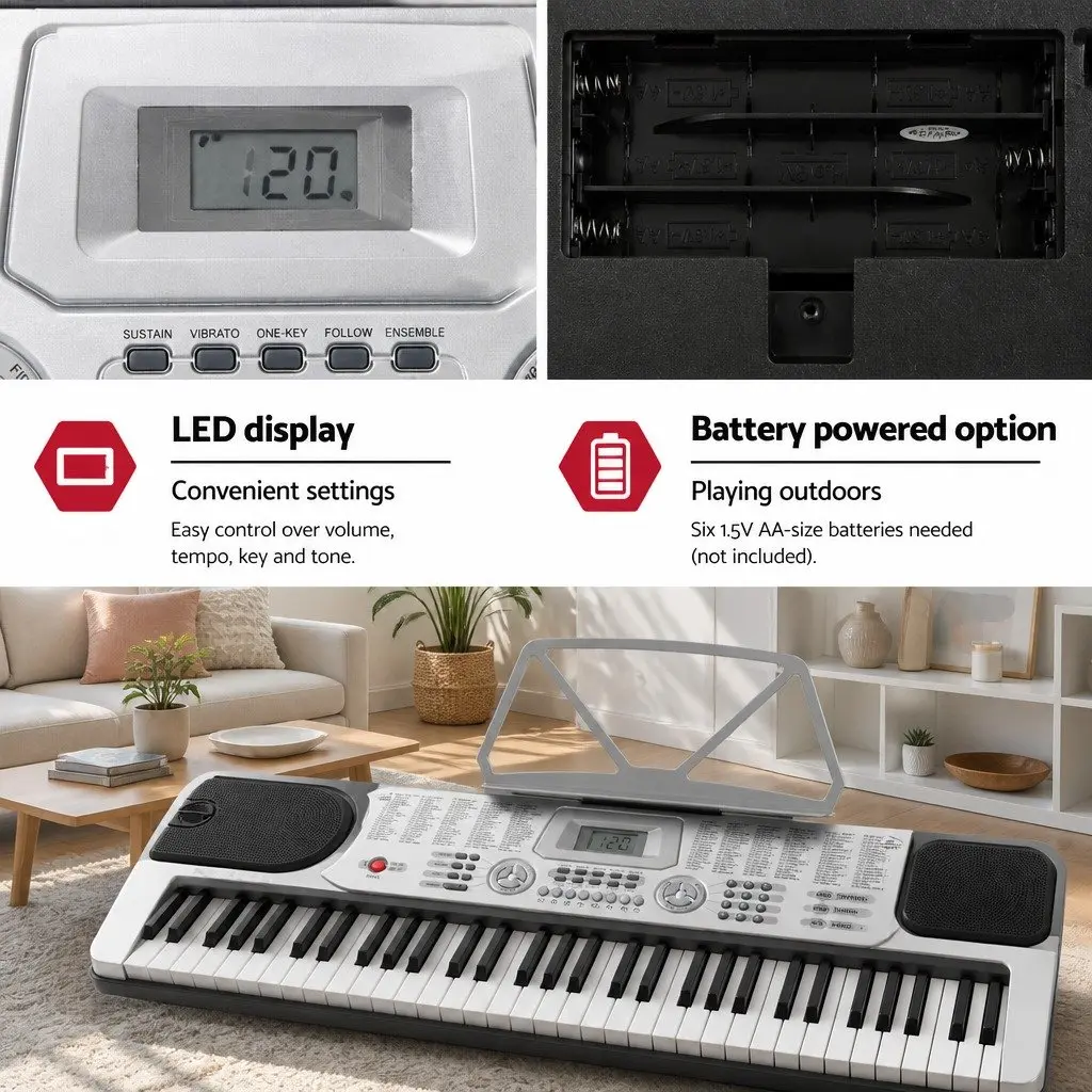 61-Key Electronic Keyboard Digital Music Instrument with LED Adjustable Stand Silver