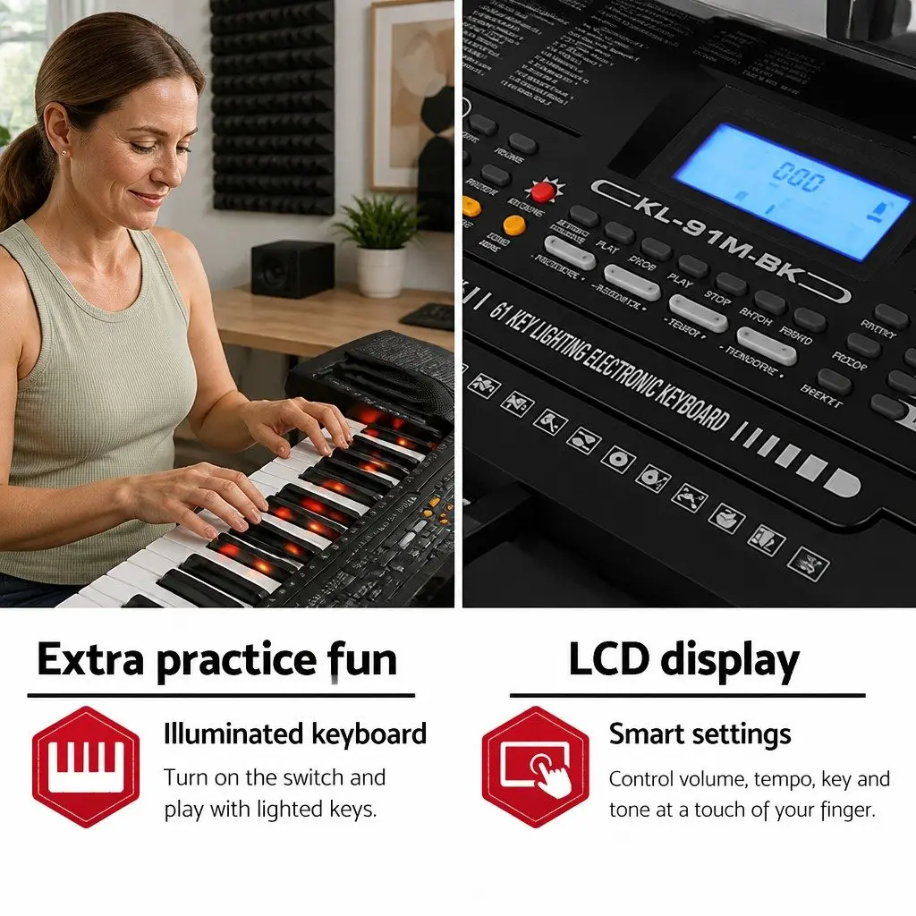 61-Key Digital Piano Keyboard Portable Instrument Lighted Keys Black LCD Display