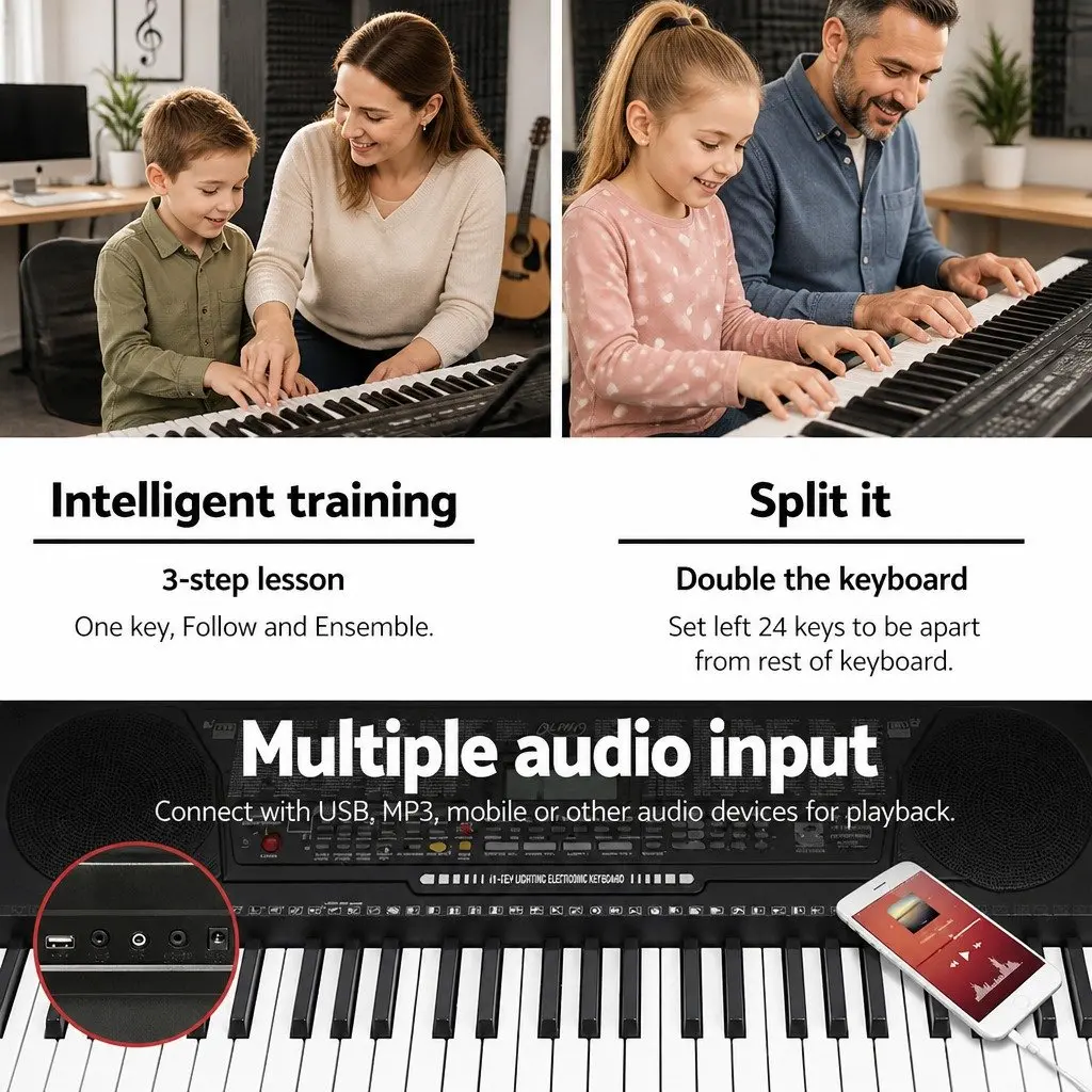 61-Key Digital Piano Keyboard Portable Instrument Lighted Keys Black LCD Display