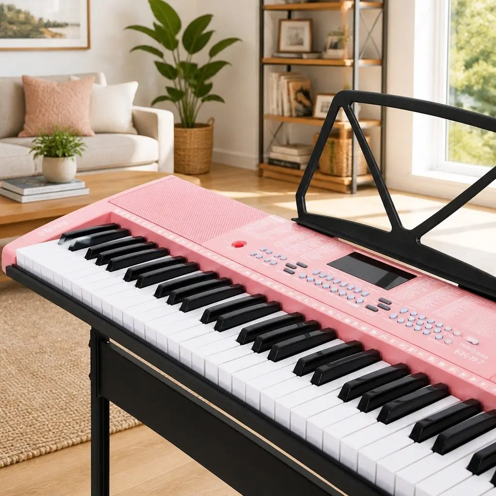 61-Key Electronic Keyboard Piano Lighted Keys Portable Size Pink