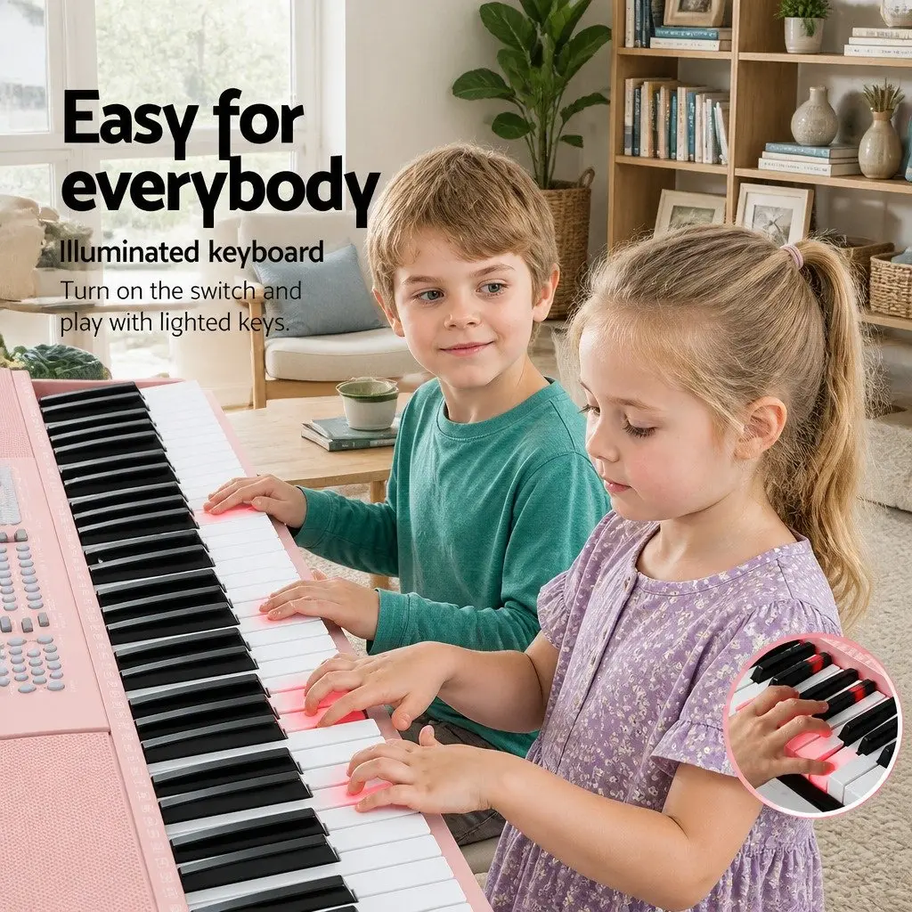 61-Key Electronic Keyboard Piano Lighted Keys Portable Size Pink