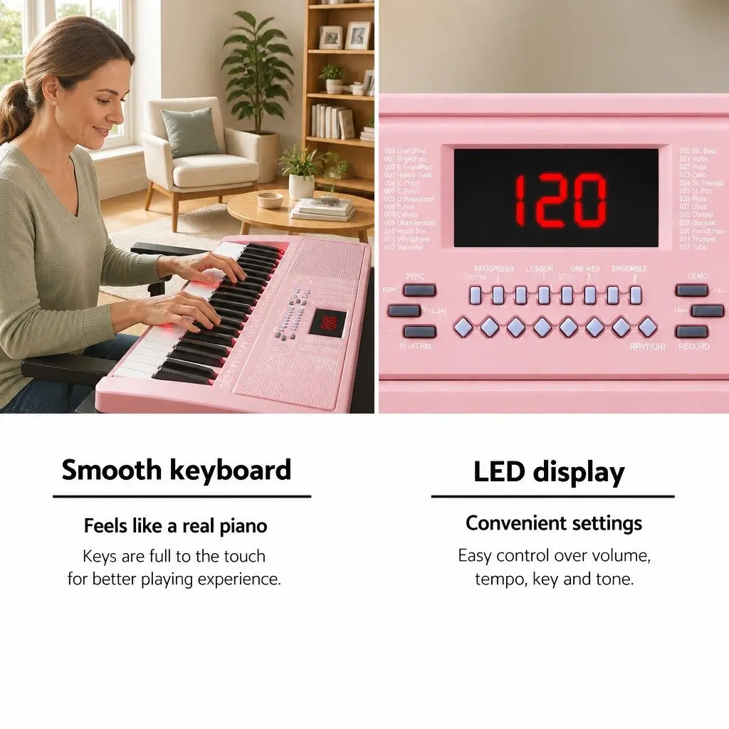 61-Key Electronic Keyboard Piano Lighted Keys Portable Size Pink