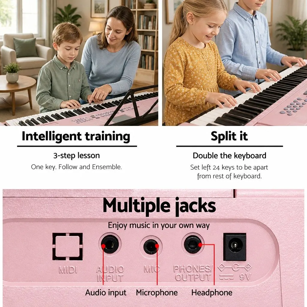 61-Key Electronic Keyboard Piano Lighted Keys Portable Size Pink