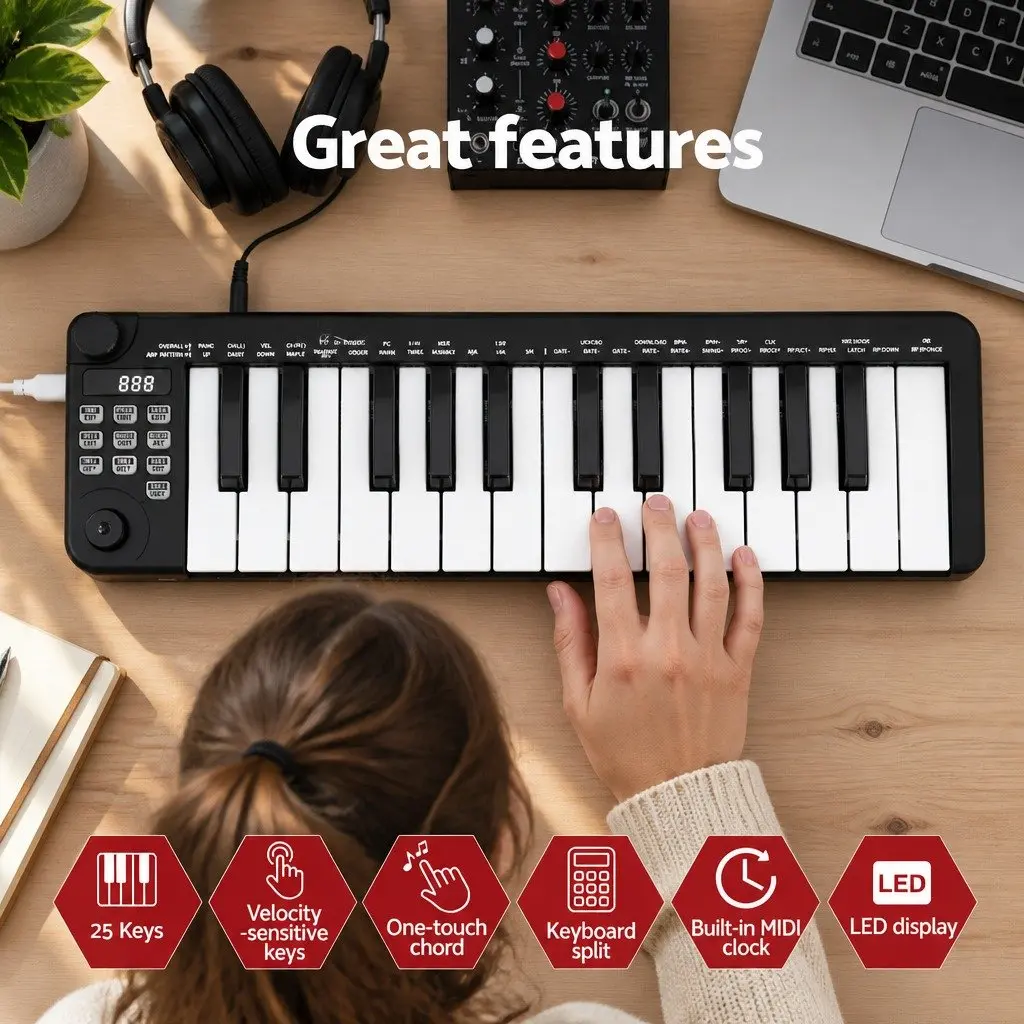 MIDI Keyboard Controller 25-Key Portable USB Music Production Black