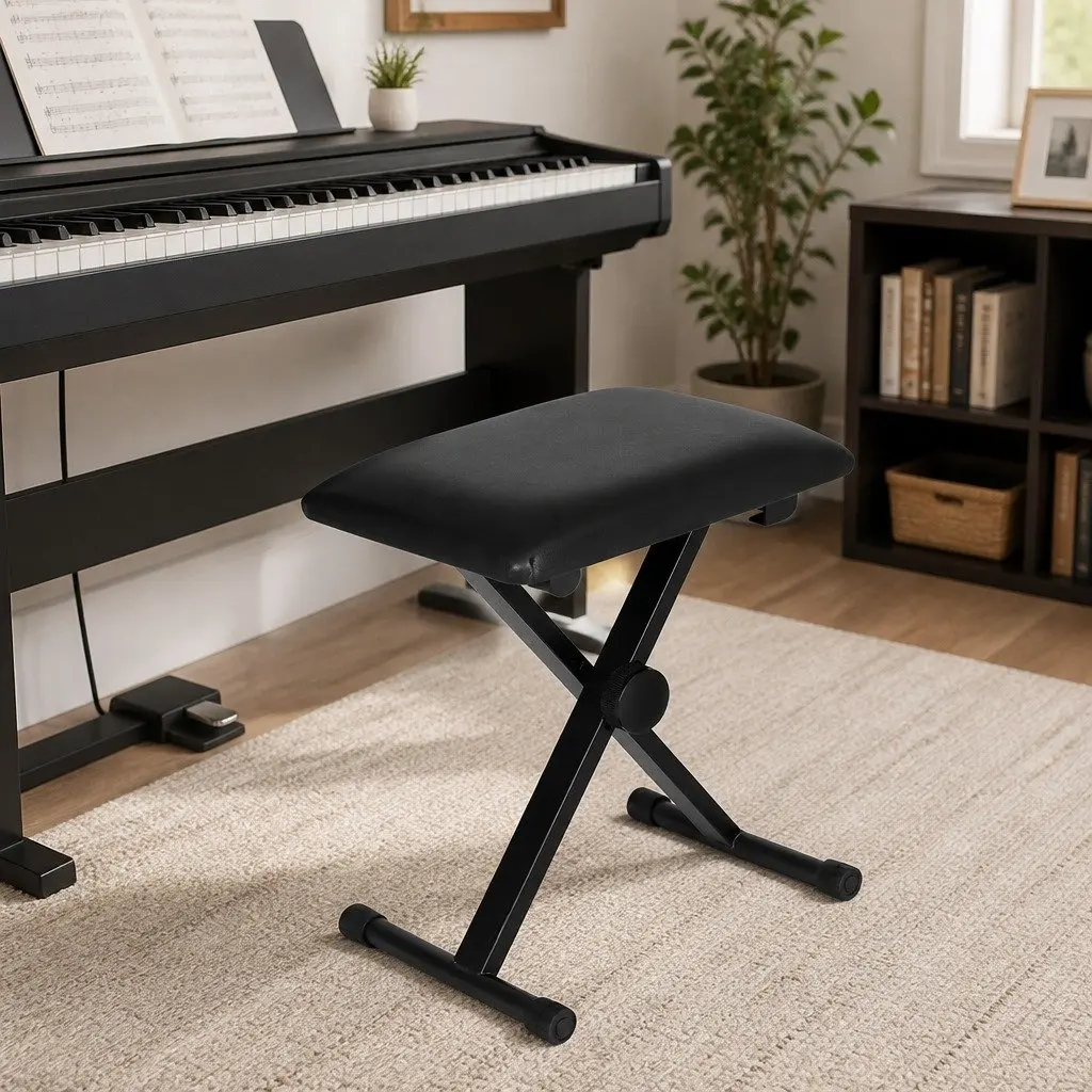 Piano Stool Adjustable Height Black Fabric Seat
