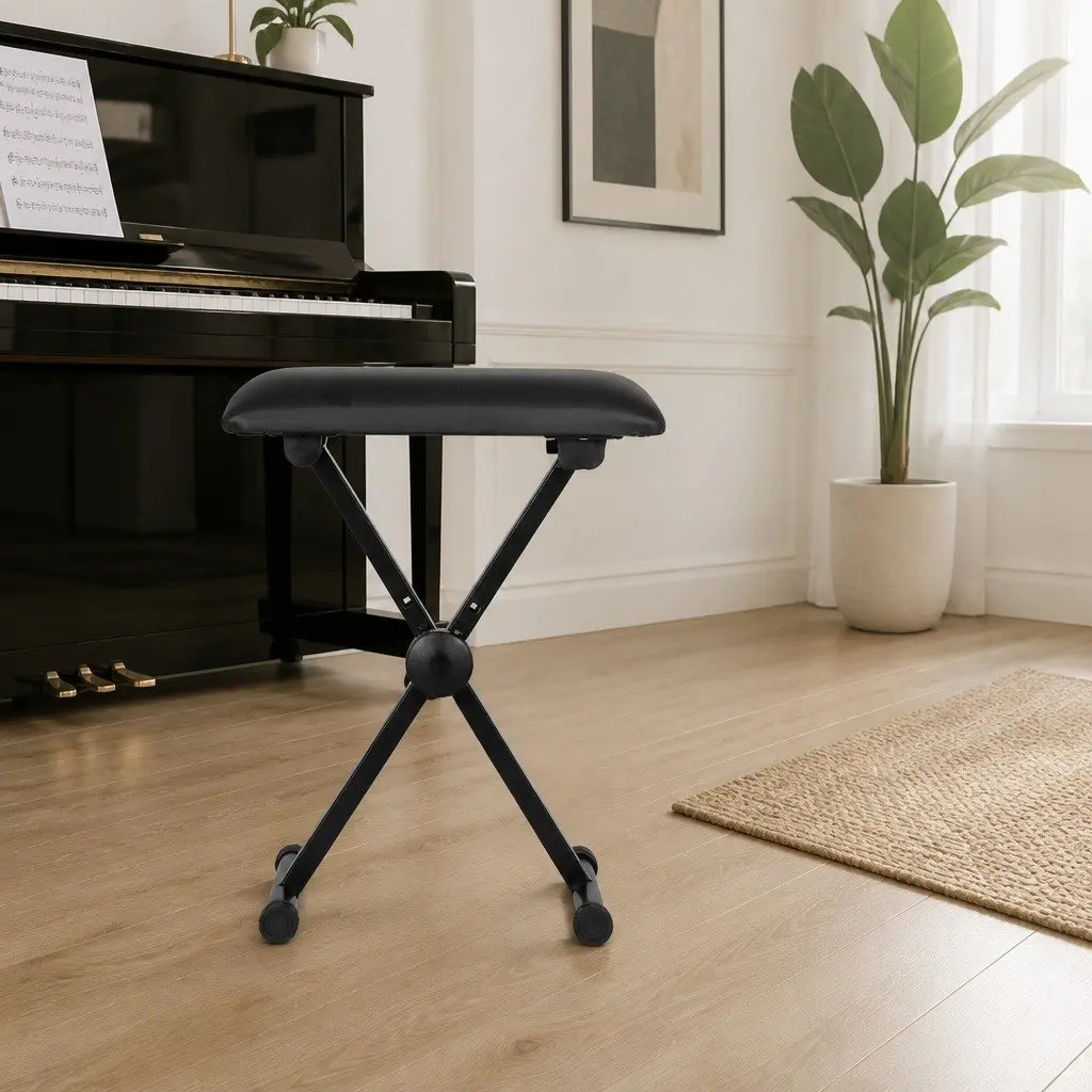 Piano Stool Adjustable Height Black Fabric Seat