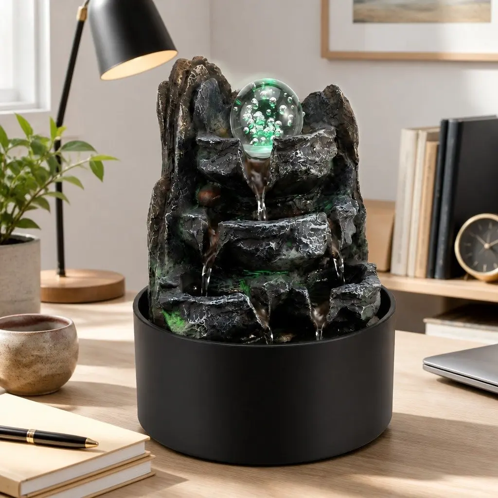 Tabletop Water Fountain Resin LED Light 3 Flow Levels Waterfall Desktop Office