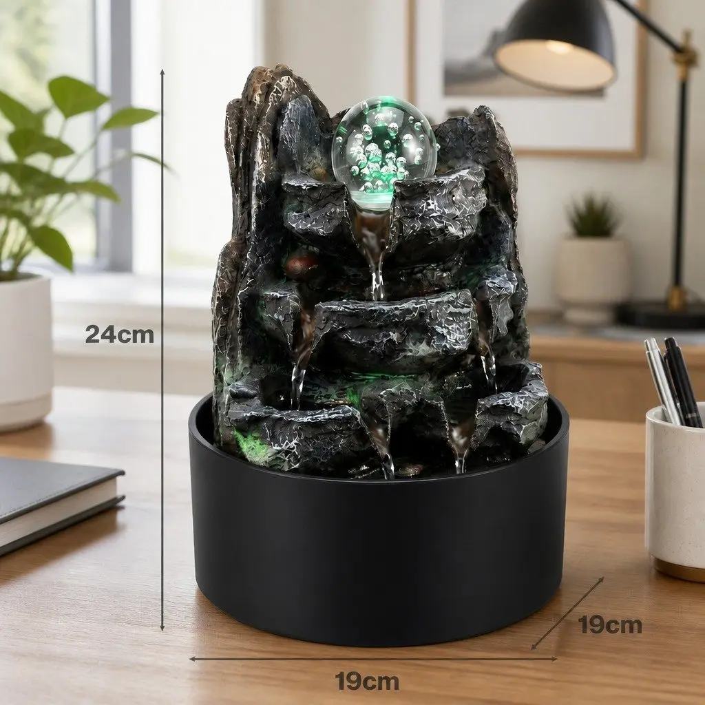 Tabletop Water Fountain Resin LED Light 3 Flow Levels Waterfall Desktop Office