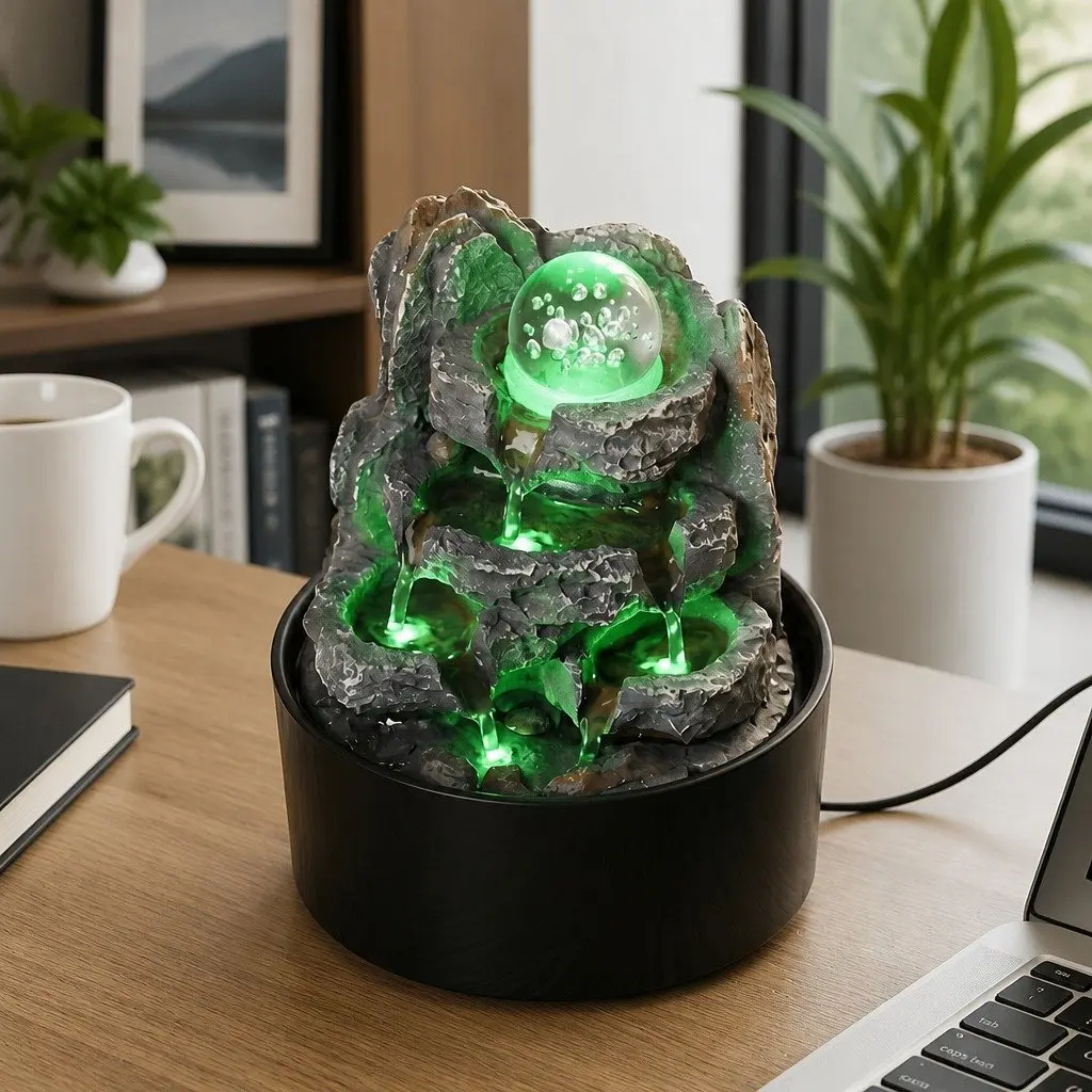 Tabletop Water Fountain Resin LED Light 3 Flow Levels Waterfall Desktop Office