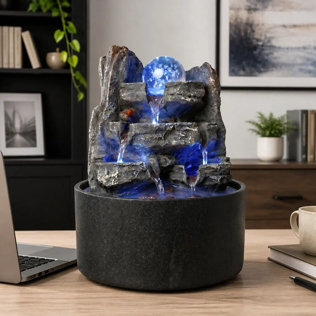 Tabletop Water Fountain Resin LED Light 3 Flow Levels Waterfall Desktop Office