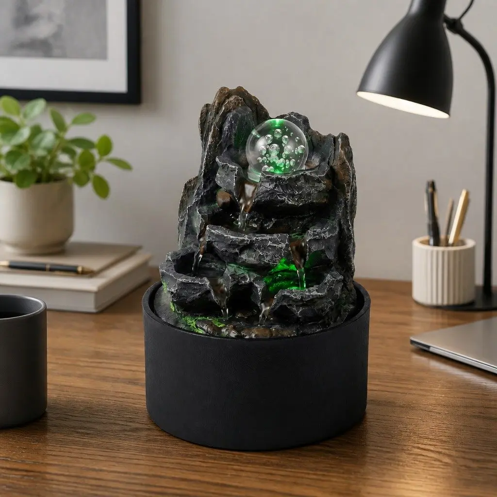 Tabletop Water Fountain Resin LED Light 3 Flow Levels Waterfall Desktop Office