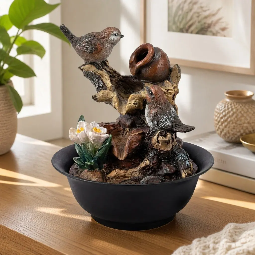 Tabletop Water Fountain Resin 21cm Multicolor Indoor Bird Decor
