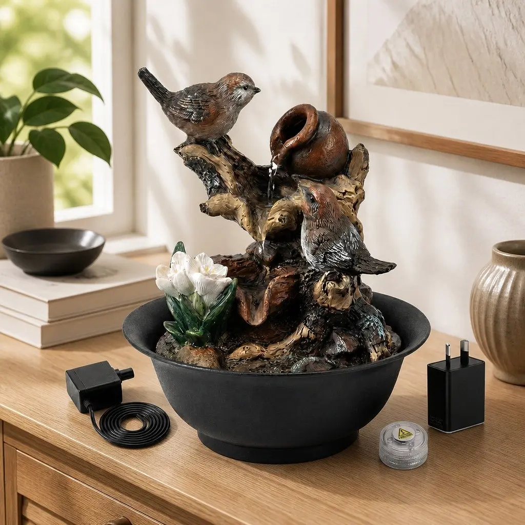 Tabletop Water Fountain Resin 21cm Multicolor Indoor Bird Decor