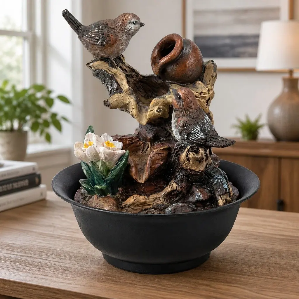 Tabletop Water Fountain Resin 21cm Multicolor Indoor Bird Decor