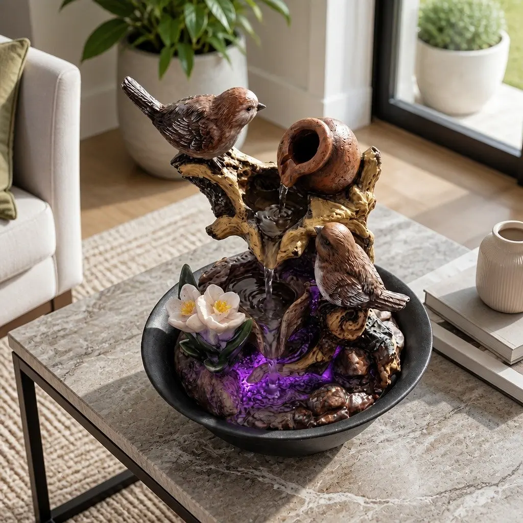 Tabletop Water Fountain Resin 21cm Multicolor Indoor Bird Decor