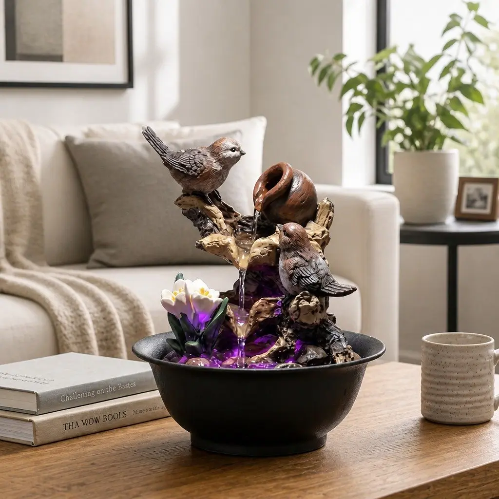 Tabletop Water Fountain Resin 21cm Multicolor Indoor Bird Decor