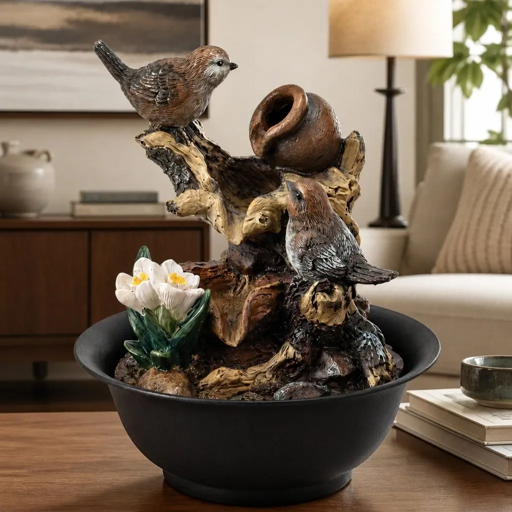 Tabletop Water Fountain Resin 21cm Multicolor Indoor Bird Decor