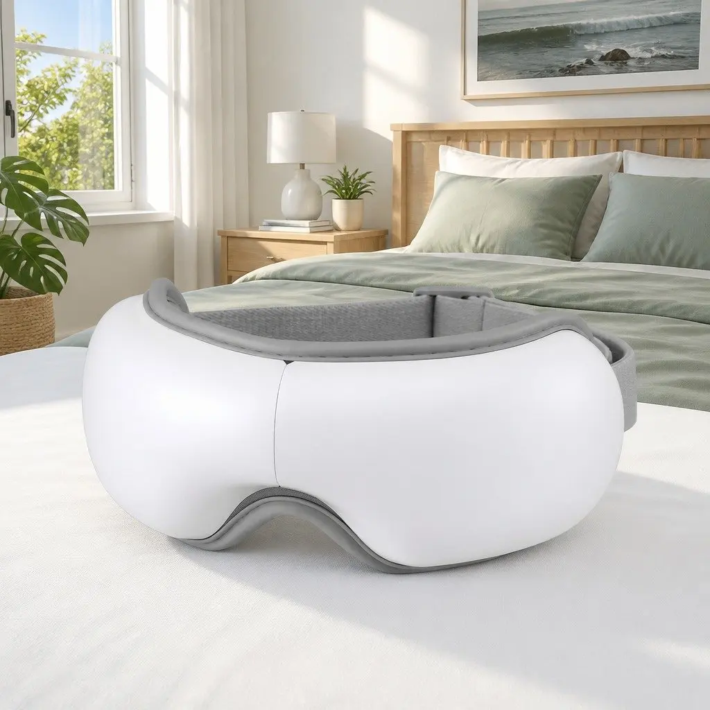 Eye Massager Electric 3D Airbag Compression Bluetooth Music Heat Therapy Foldable White