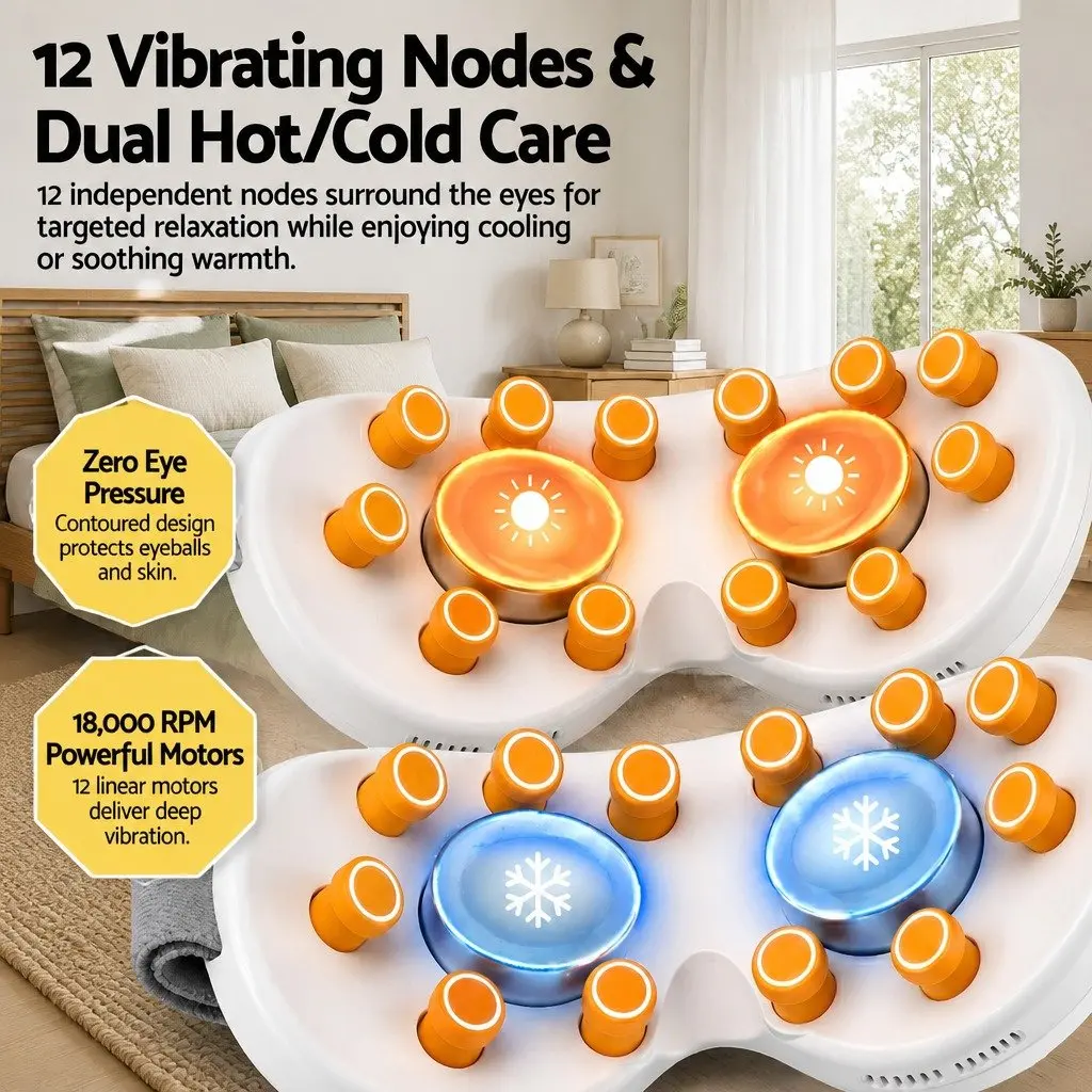 Eye Massager Dual Hot Cold Compress 12 Vibrating Nodes White