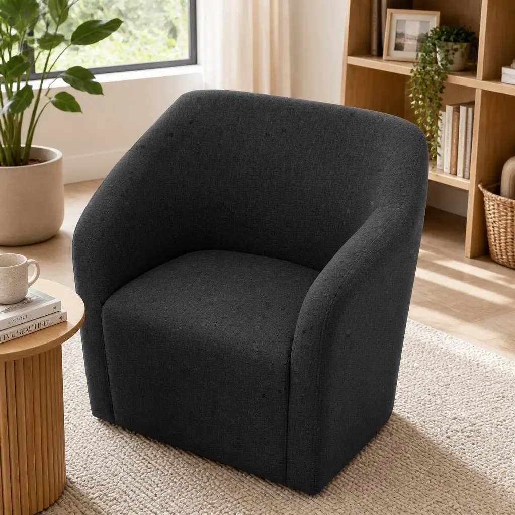 Armchair High Resilience Foam Charcoal Faux Linen Criss-Cross Base
