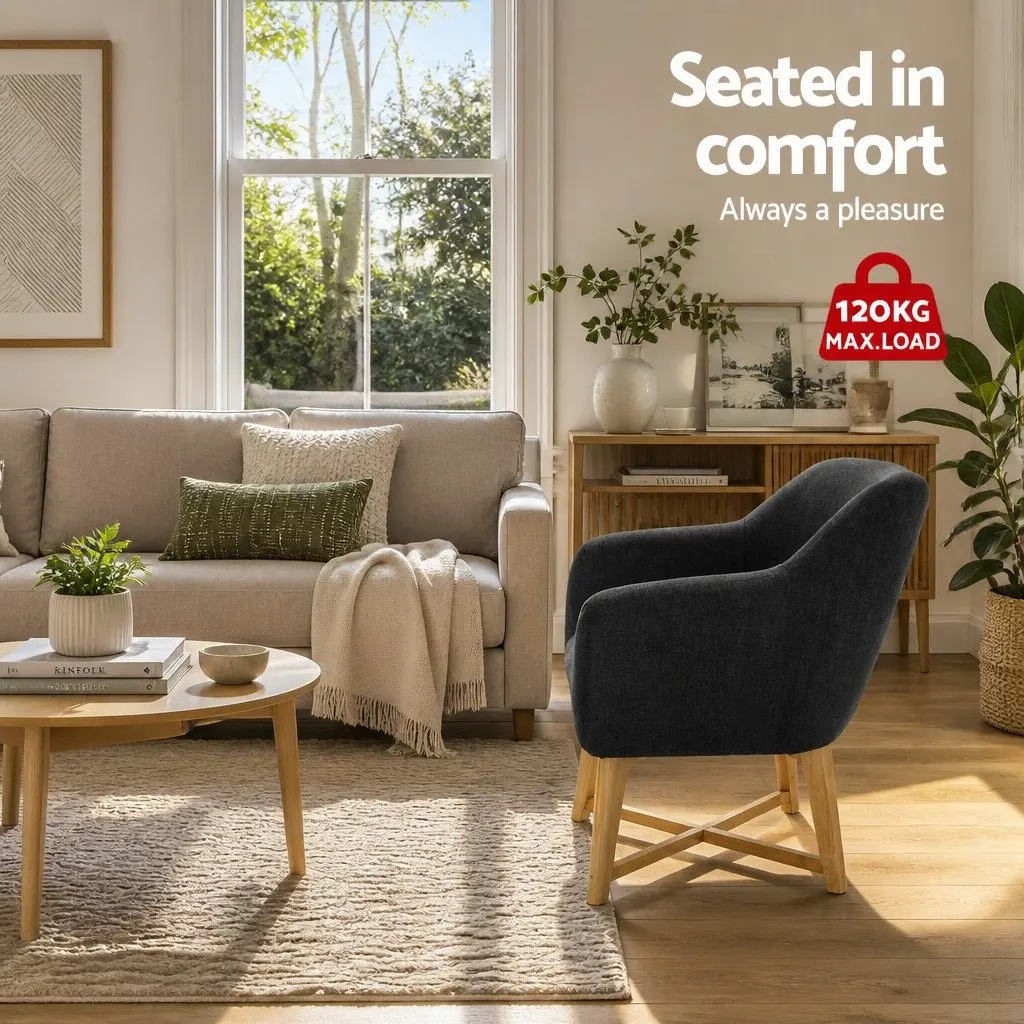 Armchair High Resilience Foam Charcoal Faux Linen Criss-Cross Base
