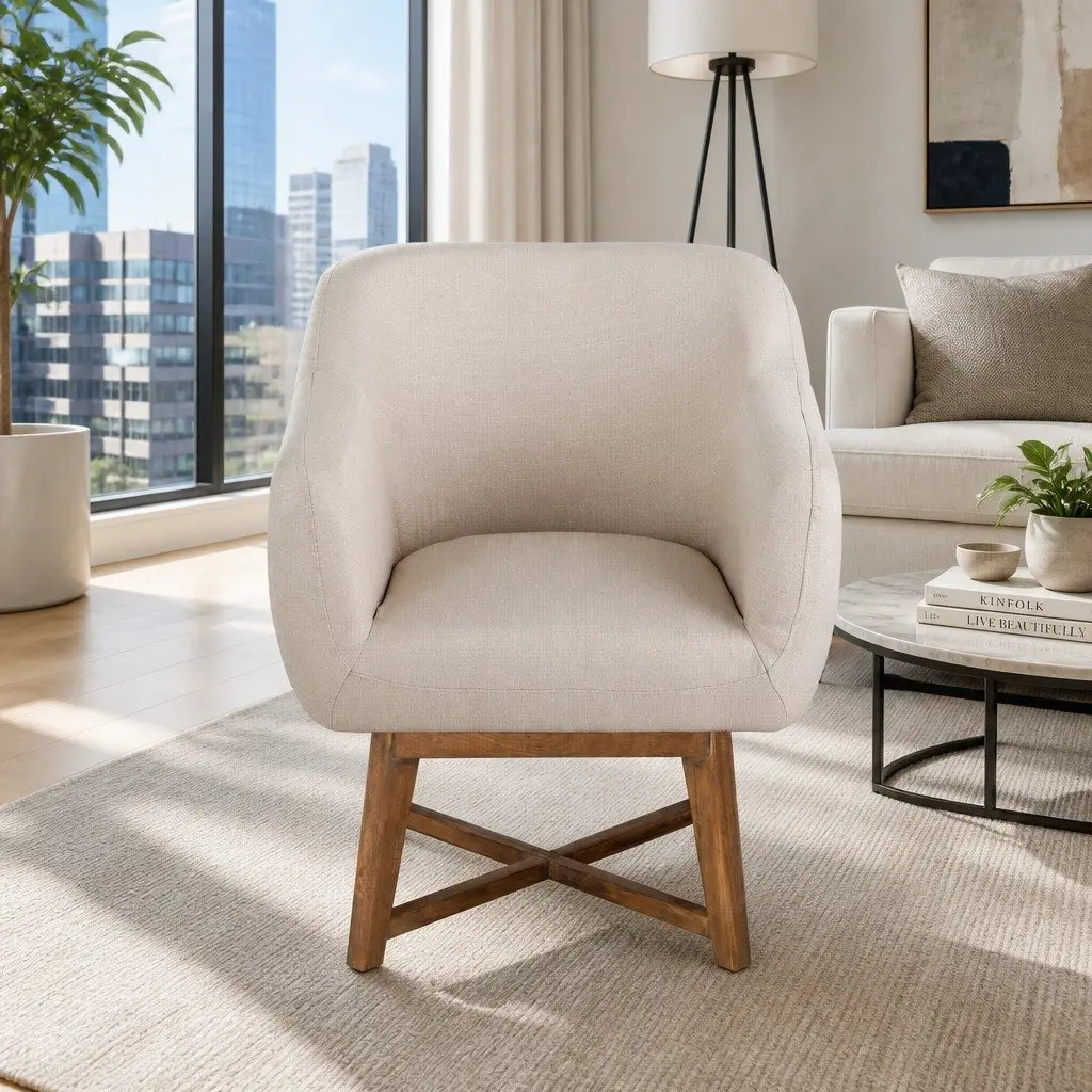 Beige Armchair Modern Tub Chair Criss-Cross Base Accent Lounge Seat Cushioned Faux Linen 67x70x82cm