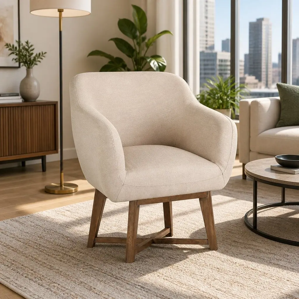 Beige Armchair Modern Tub Chair Criss-Cross Base Accent Lounge Seat Cushioned Faux Linen 67x70x82cm