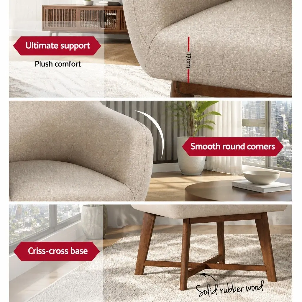 Beige Armchair Modern Tub Chair Criss-Cross Base Accent Lounge Seat Cushioned Faux Linen 67x70x82cm