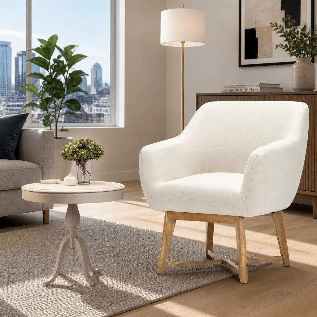 Beige Armchair Modern Tub Chair Criss-Cross Base Accent Lounge Seat Cushioned Faux Linen 67x70x82cm