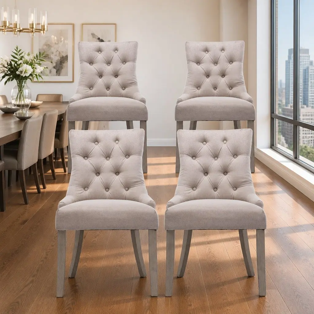 Dining Chairs Set of 4 Linen French Provincial Beige Tufted Button Design