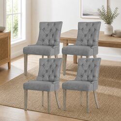 Dining Chairs Set of 4 Grey Linen French Provincial Tufted Button Design