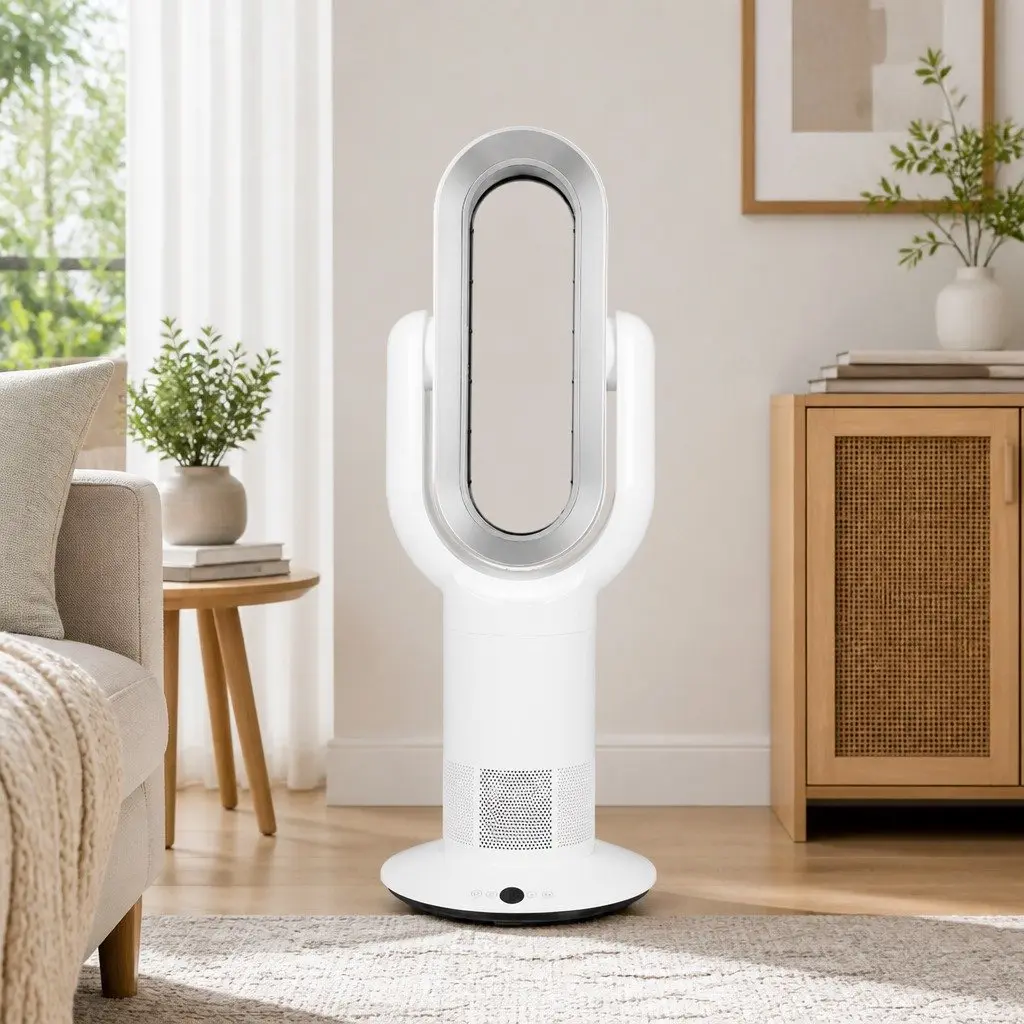 Bladeless Tower Fan Electric Cooler Remote Control 35W White with Silver 72cm