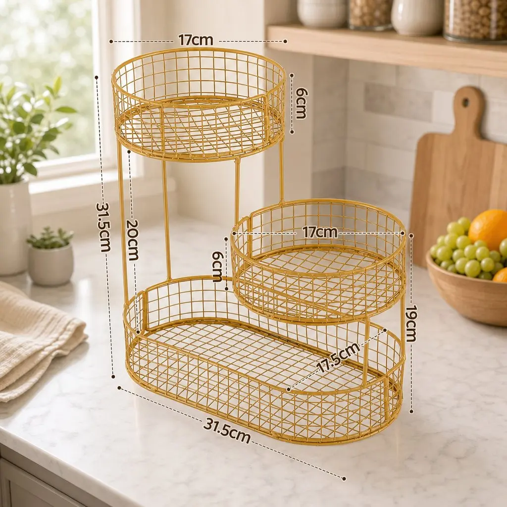 3-Tier Fruit Basket Bowl Gold Metal Food Storage Kitchen Organiser Space-Saving