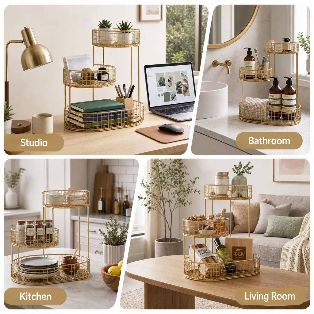 3-Tier Fruit Basket Bowl Gold Metal Food Storage Kitchen Organiser Space-Saving