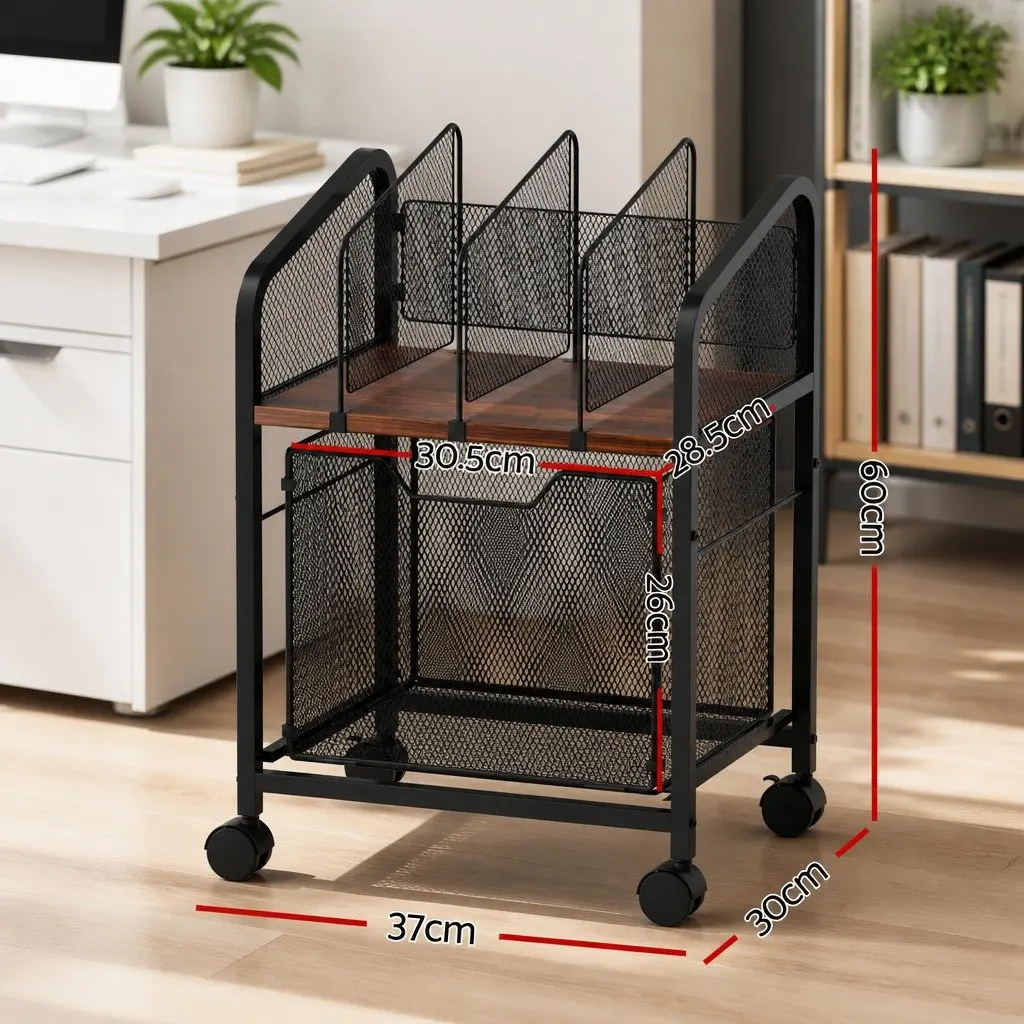 Mobile Filing Cabinet Metal Frame Storage Organiser Compact Black with Solid Wood Top