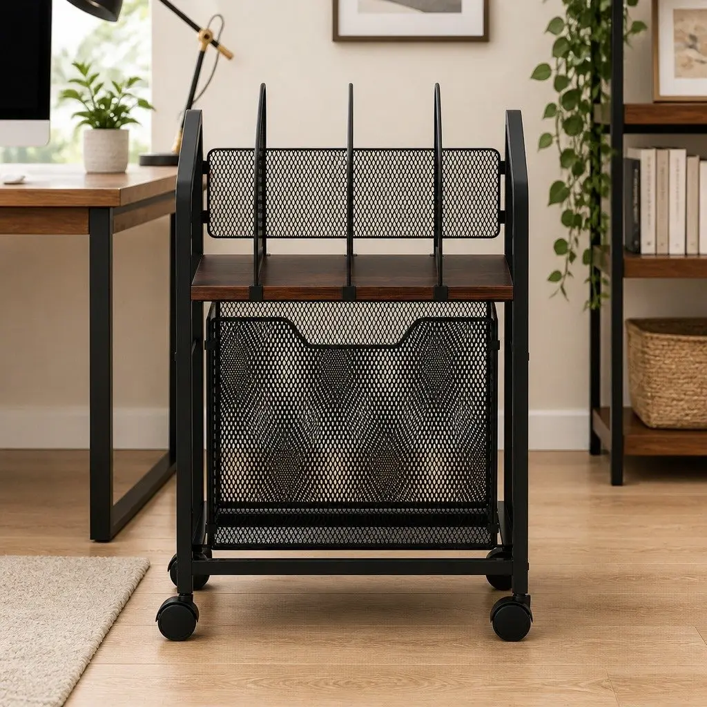 Mobile Filing Cabinet Metal Frame Storage Organiser Compact Black with Solid Wood Top