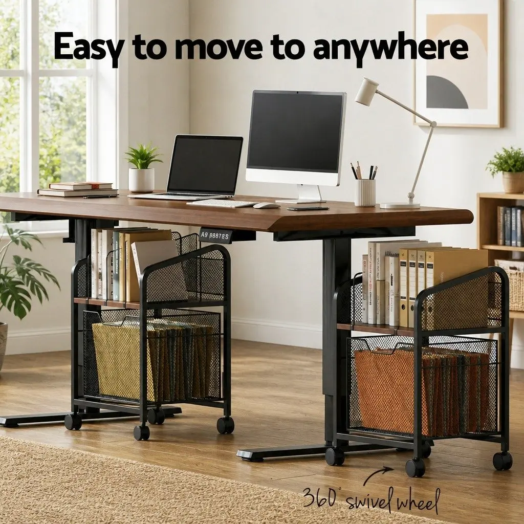 Mobile Filing Cabinet Metal Frame Storage Organiser Compact Black with Solid Wood Top