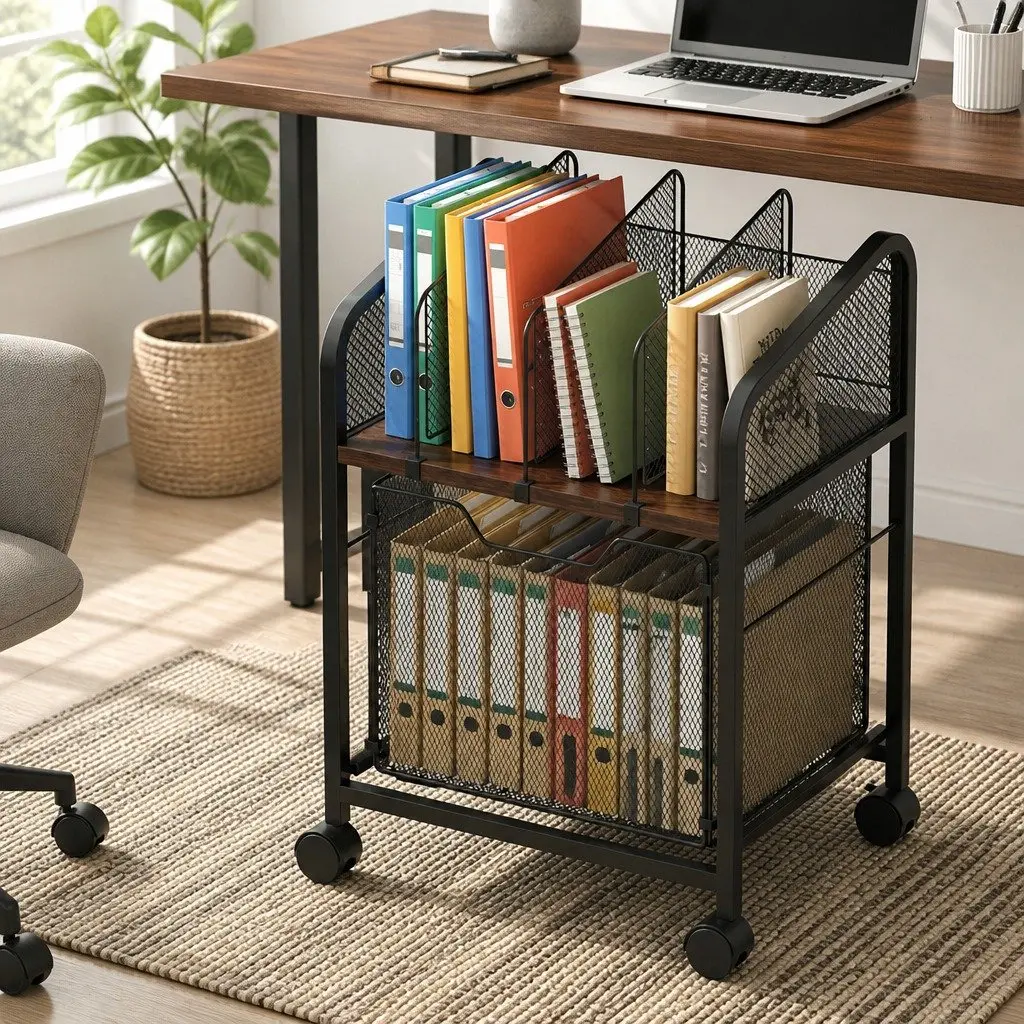 Mobile Filing Cabinet Metal Frame Storage Organiser Compact Black with Solid Wood Top