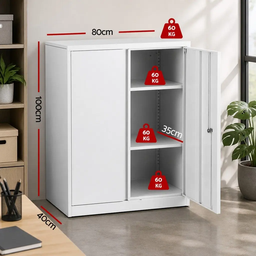 Steel Filing Cabinet Storage Locker Adjustable Shelves 80cm x 40cm x 100cm White