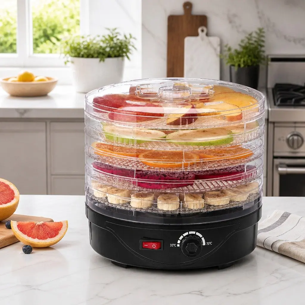 5 Tray Food Dehydrator Black Food Grade Plastic Adjustable Temperature Kitchen Appliance