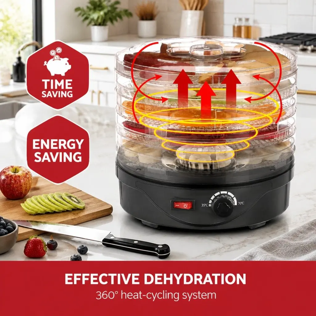 5 Tray Food Dehydrator Black Food Grade Plastic Adjustable Temperature Kitchen Appliance