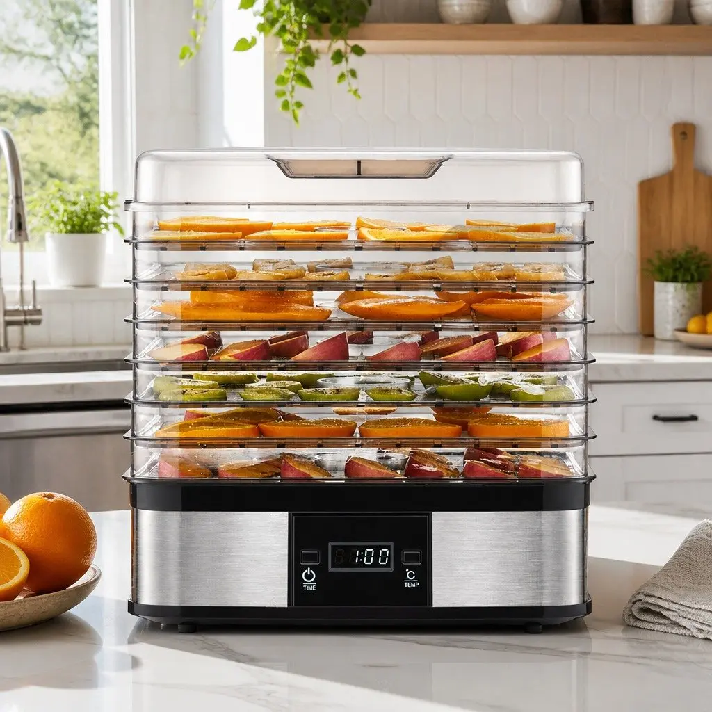 7 Tray Dehydrator Stainless Steel with Timer LCD Display Adjustable Temperature Silver