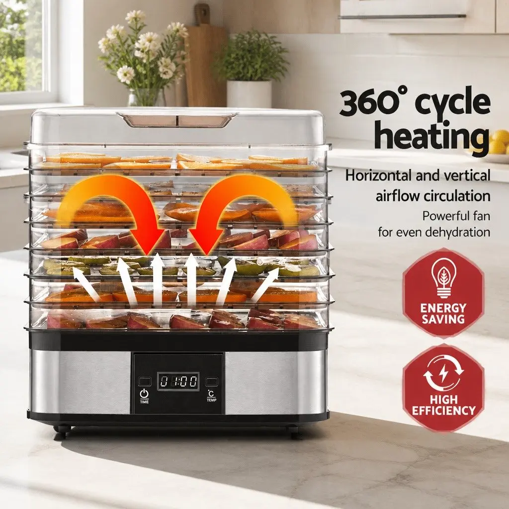 7 Tray Dehydrator Stainless Steel with Timer LCD Display Adjustable Temperature Silver
